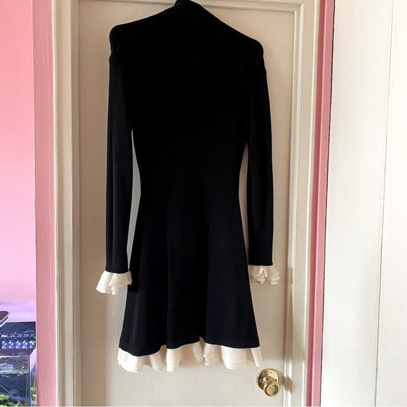 Alexander McQueen Black Long Sleeve Wool Mini Dress with White Silk Ruffle Trim - Picture 4 of 7